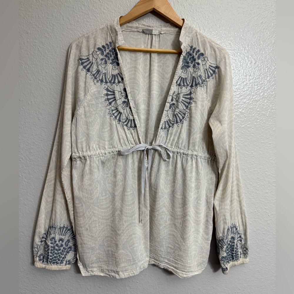 Athleta Cream and Vintage Blue Embroidered Blouse with Waist Tie Front